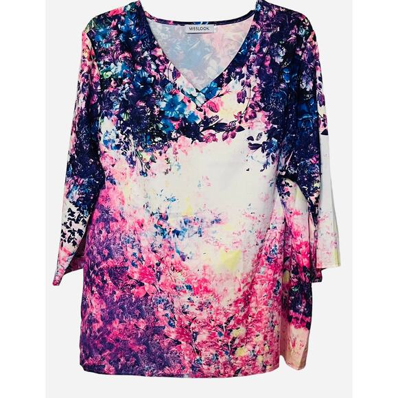 MISS LOOK PULL-OVER, V-NECK BLOUSE, WOMENS, 3XL-RUNS SMALL, PURPLE PINK BLUE - Picture 1 of 9